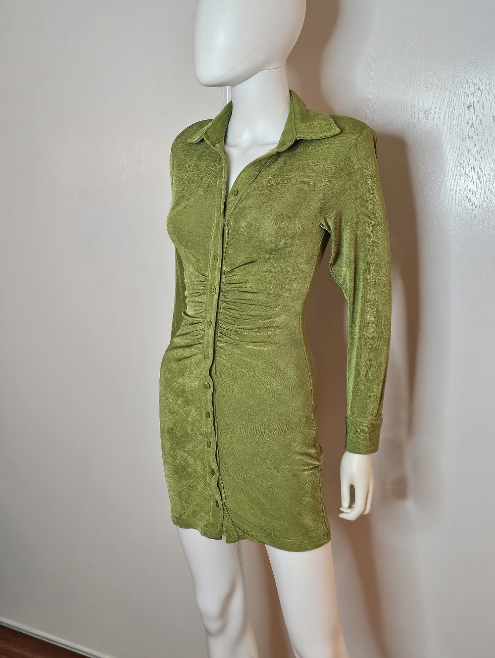 Fashion Nova Olive Green Button-Front Ruched Long Sleeve Shirt Dress Size XS - Picture 10 of 12